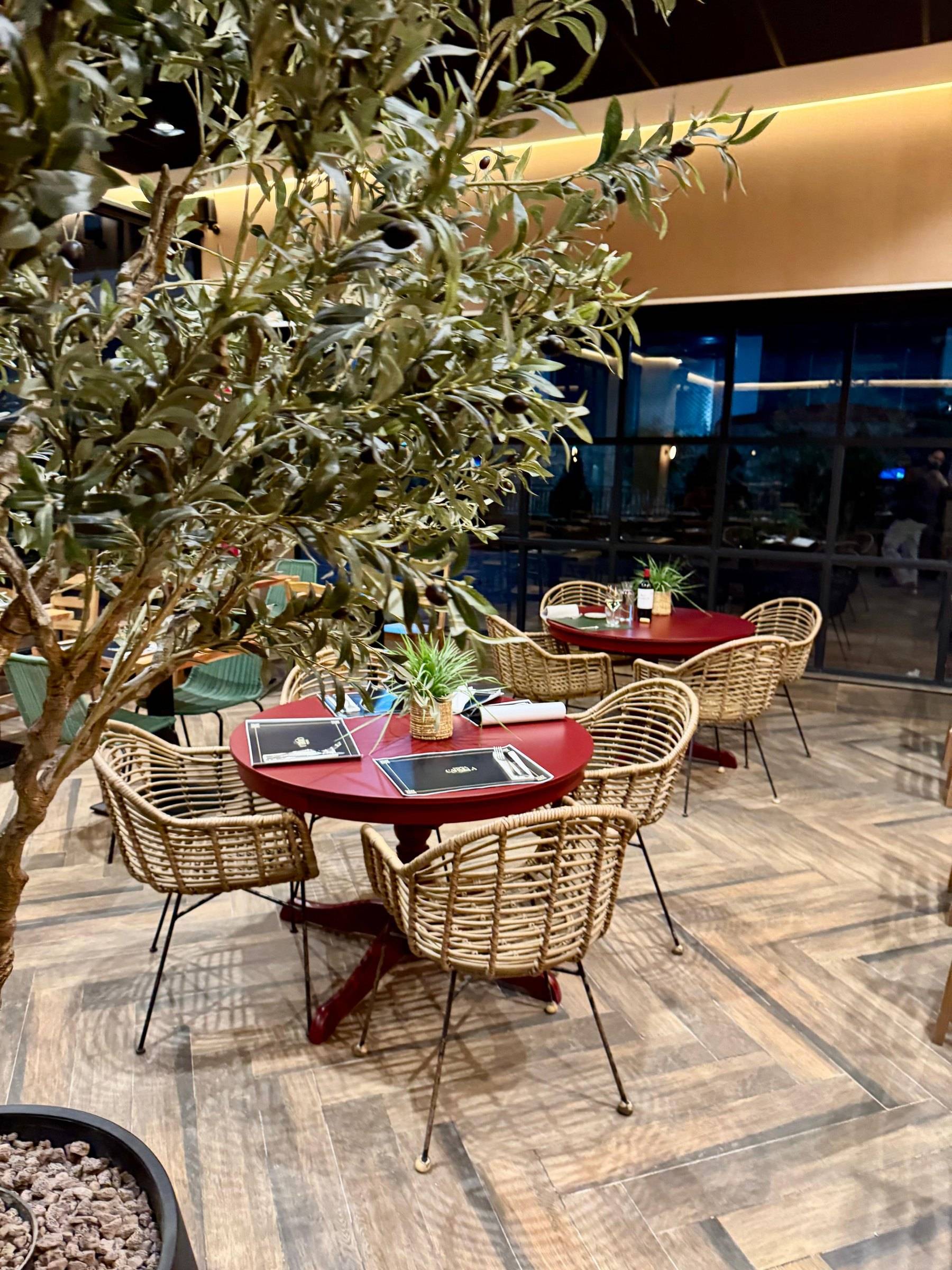 Terraza de noche con olivo, mesas rojas y sillas de ratán
